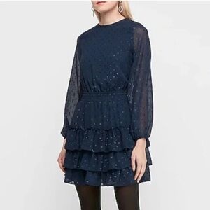 Clip Dot Tiered Smocked Waist Dress Express  Navy Midnight Blue Medium